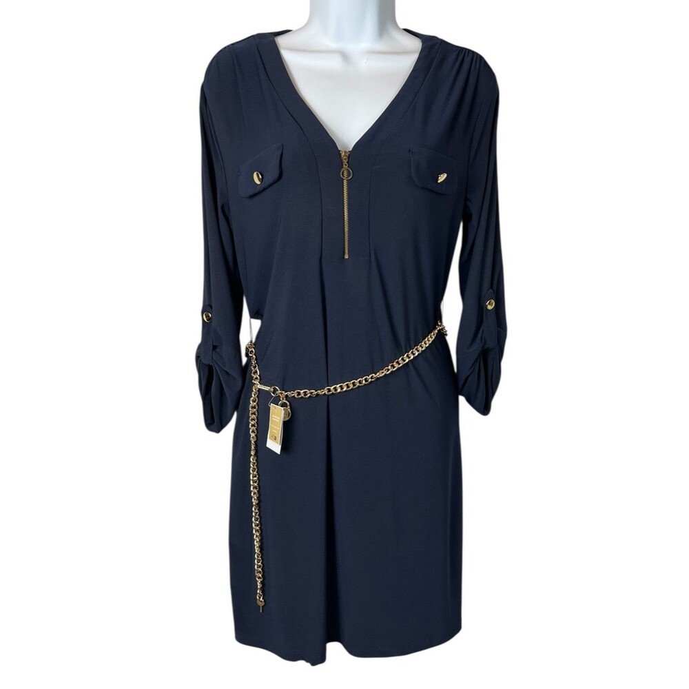 Emma & Michele Midnight Blue Zipped V-Neck Dress  Size PS  (belt not included)